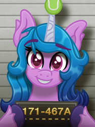 Size: 3000x4000 | Tagged: safe, alternate version, artist:sol-r, izzy moonbow, pony, unicorn, g5, my little pony: a new generation, absurd file size, ball, eyebrows, eyebrows visible through hair, female, grin, high res, izzy's tennis ball, looking at you, mare, mugshot, smiling, smiling at you, solo, tennis ball