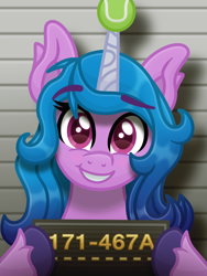 Size: 3000x4000 | Tagged: safe, alternate version, artist:sol-r, izzy moonbow, pony, unicorn, g5, my little pony: a new generation, ball, female, izzy's tennis ball, mugshot, smiling, solo, tennis ball