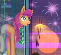 Size: 2397x2150 | Tagged: safe, artist:wavecipher, sunny starscout, earth pony, pony, g5, my little pony: a new generation, braid, clothes, fireworks, happy new year 2022, high res, open mouth, scarf, solo, striped scarf, vaporwave, white pupils