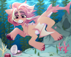 Size: 1280x1024 | Tagged: safe, artist:bennettwallace, oc, oc only, merpony, bubble, cloven hooves, coral, crepuscular rays, fish tail, flowing mane, flowing tail, male, ocean, open mouth, pearl, red eyes, rock, seashell, seaweed, smiling, solo, sunlight, swimming, tail, teeth, underwater, unshorn fetlocks, water, wings