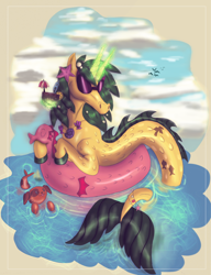 Size: 1280x1663 | Tagged: safe, artist:surreal-adventures16, oc, oc only, bicorn, bird, merpony, pony, starfish, unicorn, cloud, cup, dorsal fin, fins, fish tail, float, glasses, glowing, glowing horn, horn, jewelry, magic, multiple horns, necklace, seashell necklace, sky, solo, species swap, tail, water
