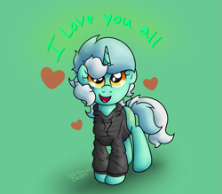 Size: 3175x2777 | Tagged: safe, artist:background basset, lyra heartstrings, pony, unicorn, g4, clothes, cute, female, happy, heart, high res, hoodie, looking at you, lyrabetes, mare, open mouth, open smile, simple background, smiling, solo, text