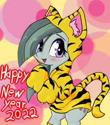 Size: 707x800 | Tagged: safe, artist:a.s.e, marble pie, earth pony, pony, g4, 2022, bipedal, blushing, clothes, costume, cute, female, happy, happy new year, holiday, looking at you, marblebetes, mare, open mouth, open smile, smiling, solo, year of the tiger