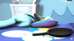 Size: 1366x768 | Tagged: safe, artist:pearmare animation, rainbow dash, pegasus, pony, g4, 3d, bed, blanket, butt, featureless crotch, female, frying pan, plot, rainbow dash's bedroom, rainbow dash's cutie mark, rainbutt dash, raised tail, solo, source filmmaker, tail, youtube, youtube link
