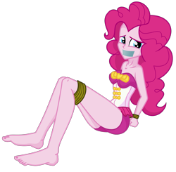 Size: 1981x1942 | Tagged: safe, artist:nie-martw-sie-o-mnie, pinkie pie, equestria girls, g4, ass, bare shoulders, barefoot, bondage, bound and gagged, butt, clothes, feet, female, gag, one-piece swimsuit, pinkie pie swimsuit, rope, rope bondage, simple background, sleeveless, solo, strapless, swimsuit, tape, tape gag, transparent background