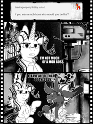 Size: 1359x1804 | Tagged: safe, artist:jamescorck, oc, oc only, oc:chelicera, oc:movie slate, pony, unicorn, baseball bat, clothes, female, mare, monochrome, necktie, shirt