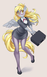 Size: 1184x1920 | Tagged: safe, alternate version, artist:dstears, derpy hooves, pegasus, anthro, g4, adorasexy, businessmare, clothes, cute, derpabetes, female, glasses, legs, looking at you, meganekko, miniskirt, office, office lady, pantyhose, round glasses, sexy, shoes, side slit, simple background, skirt, skirt suit, solo, spread wings, suit, suitcase, total sideslit, wings