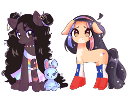 Size: 4096x3282 | Tagged: safe, artist:panimeko, oc, oc only, oc:isla sun, oc:violetta, earth pony, pony, rabbit, animal, chile, clothes, dress, duo, ear piercing, earring, female, flag, jewelry, mare, markings, multicolored hair, necklace, piercing, plushie, ponified oc, simple background, sitting, socks, stockings, tattoo, thigh highs, toy, transparent background