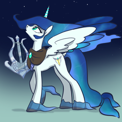Size: 2048x2048 | Tagged: safe, artist:pfeffaroo, oc, oc only, oc:caduceus, alicorn, pony, fanfic:song of seven, alicorn oc, armor, blue mane, cloak, clothes, cutie mark, cyan eyes, female, flowing mane, gem, glowing, glowing horn, harp, high res, horn, long mane, long tail, lyre, mare, musical instrument, night, night sky, simple background, sky, solo, stars, tail, unshorn fetlocks, wings