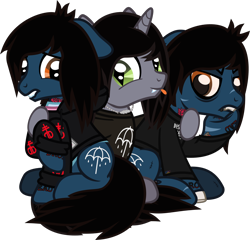 Size: 1270x1220 | Tagged: safe, artist:lightningbolt, derpibooru exclusive, earth pony, pony, undead, unicorn, zombie, zombie pony, .svg available, angry, bags under eyes, bloodshot eyes, bone, bring me the horizon, clothes, disguise, disguised siren, drop dead clothing, ears back, equestria girls ponified, fangs, gay, happy, hoodie, horn, hug, jewelry, kellin quinn, lidded eyes, lip bite, lip piercing, long sleeves, looking at each other, looking at someone, male, necklace, nervous, oliver sykes, piercing, ponified, raised hoof, scar, self paradox, self ponidox, shipping, shirt, simple background, sitting, sleeping with sirens, slit pupils, stallion, stallion on stallion, stitches, svg, tattoo, tongue out, transparent background, trio male, underhoof, undershirt, vector
