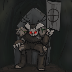 Size: 2048x2048 | Tagged: safe, artist:pfeffaroo, oc, oc only, oc:the mountain king, rabbit, titan, fanfic:song of seven, animal, banner, cave, high res, monster, moss, no pony, red eyes, sitting, solo, throne