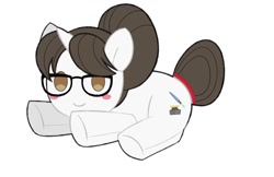 Size: 1316x851 | Tagged: safe, artist:ch-chau, raven, pony, unicorn, blushing, commission, cute, female, glasses, hair bun, inanimate tf, looking at you, mare, necktie, plushie, plushification, pony plushie, ravenbetes, secretary, simple background, solo, toy, transformation, white background, ych result
