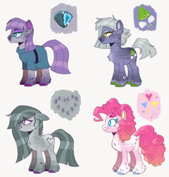 Size: 1280x1333 | Tagged: safe, artist:wanderingpegasus, limestone pie, marble pie, pinkie pie, earth pony, pony, g4, alternate hairstyle, belt, chest fluff, clothes, dress, female, leg fluff, mare, markings, pie sisters, pie twins, redesign, siblings, simple background, sisters, twins, unshorn fetlocks, white background