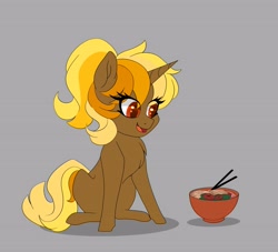 Size: 4096x3726 | Tagged: safe, artist:rand-dums, oc, oc only, pony, unicorn, chopsticks, female, food, gray background, horn, open mouth, simple background, solo, unicorn oc