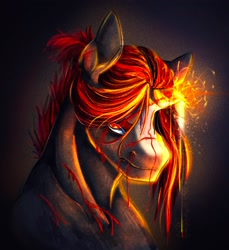 Size: 1798x1964 | Tagged: safe, artist:damayantiarts, oc, oc only, pony, unicorn, angry, blood, broken horn, bust, horn, male, solo, sparking horn, stallion