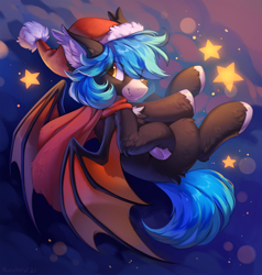 Size: 1216x1280 | Tagged: safe, artist:hioshiru, oc, oc only, oc:fran, bat pony, pony, bat pony oc, christmas, clothes, fluffy, hat, holiday, looking back, santa hat, scarf, stars