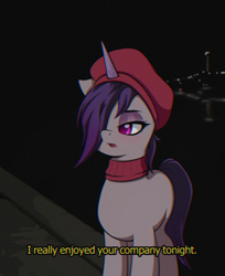 Size: 1200x1470 | Tagged: safe, artist:ravenirik, onyx, pony, unicorn, g5, my little pony: a new generation, beanie, beatnik pony, beret, clothes, cry of fear, female, hair over one eye, hat, mare, open mouth, ponified, scarf, solo, subtitles