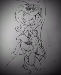 Size: 3044x3714 | Tagged: safe, artist:dsstoner, fluttershy, pinkie pie, earth pony, pegasus, pony, g4, comforting, duo, duo female, eyes closed, female, flower, flower in hair, head on lap, high res, lesbian, mare, monochrome, pencil drawing, petting, pinkamena diane pie, ship:flutterpie, shipping, stray strand, traditional art, tree, under the tree