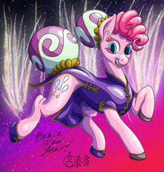 Size: 1436x1500 | Tagged: safe, artist:sepiakeys, pinkie pie, earth pony, pony, g4, cheongsam, chinese, chinese dress, clothes, cutie mark, dress, hair bun, sketch, solo, tail, tail bun