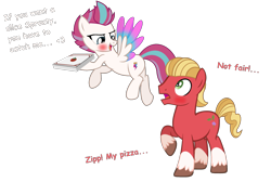 Size: 2280x1531 | Tagged: safe, artist:rozyfly10, sprout cloverleaf, zipp storm, earth pony, pegasus, pony, g4, g5, my little pony: a new generation, blushing, duo, female, flying, food, frown, g5 to g4, looking at each other, looking at someone, male, mare, open mouth, open smile, pizza, pizza box, raised hoof, ship:cloverstorm, shipping, simple background, smiling, spread wings, stallion, straight, text, transparent background, wings