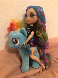Size: 1536x2048 | Tagged: safe, artist:user15432, rainbow dash, human, pegasus, pony, g4, amaya raine, crossover, doll, humans riding ponies, irl, multicolored hair, photo, plushie, rainbow hair, rainbow high, riding, toy