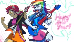 Size: 1920x1080 | Tagged: safe, artist:beefgummies, artist:fatjelyfish, rainbow dash, sunset shimmer, equestria girls, g4, aggie.io, clothes, collaboration, compression shorts, cute, duo, electric guitar, electricity, eyes closed, female, flying v, guitar, guitar pick, happy new year, happy new year 2022, holiday, jacket, leather jacket, musical instrument, open mouth, playing instrument, punkset shimmer, raised leg, rolled up sleeves, shimmerbetes, shorts, skirt, smiling, sunset shredder, text, wristband