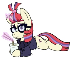 Size: 1068x858 | Tagged: safe, artist:scraggleman, moondancer, pony, unicorn, g4, chopsticks, clothes, female, food, glasses, instant noodles, looking at you, lying down, magic, mare, noodles, prone, ramen, simple background, smiling, solo, sweater, transparent background