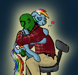 Size: 1061x1019 | Tagged: safe, artist:dhm, rainbow dash, oc, oc:anon, human, pony, g4, heart, holding a pony, hug, love, waifu