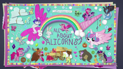 Size: 1000x563 | Tagged: safe, angel bunny, big macintosh, derpy hooves, discord, granny smith, opalescence, pinkie pie, princess flurry heart, starlight glimmer, tank, twilight sparkle, alicorn, pony, g4, what about discord?, all about alicorns, baby flurry heart's heartfelt scrapbook, button, cloud, heart, horns, wings