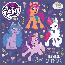 Size: 1400x1400 | Tagged: safe, izzy moonbow, pipp petals, sunny starscout, zipp storm, earth pony, pegasus, pony, unicorn, g5, my little pony: a new generation, official, calendar, female, flower, mare, merchandise, my little pony logo, plant, text