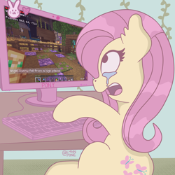 Size: 2048x2048 | Tagged: safe, artist:lynnpone, angel bunny, fluttershy, pegasus, pony, g4, crying, female, high res, mare, meme, minecraft, shocked fluttershy meme, solo