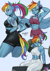 Size: 1754x2480 | Tagged: safe, artist:nire, rainbow dash, pegasus, anthro, g4, alternate hairstyle, ambiguous facial structure, arm behind head, armpits, ass, athletic, back muscles, barbell, belly button, bench press, biceps, blushing, bra, breasts, butt, clothes, compression shorts, cutie mark on clothes, female, fingerless gloves, fit, flexing, gloves, hair tie, halter top, hamstrings, hand on hip, implied lesbian, implied shipping, implied twidash, implied twilight sparkle, leggings, looking at you, looking back, looking back at you, midriff, muscles, muscular female, pants, ponytail, pose, quadriceps, rainbuff dash, rainbutt dash, reasonably sized breasts, sexy, short hair, shorts, slender, small breasts, solo, sports bra, sports shorts, spread wings, stupid sexy rainbow dash, tattoo, thighs, thin, thunder thighs, tight clothing, tomboy, underwear, weights, wide hips, wings, workout outfit, yoga pants