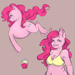 Size: 688x688 | Tagged: safe, artist:natt333, pinkie pie, earth pony, pony, anthro, g4, belly, belly button, bra, breasts, busty pinkie pie, clothes, cupcake, food, palindrome get, underwear