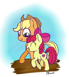 Size: 1280x1443 | Tagged: safe, artist:nwwe, apple bloom, applejack, earth pony, pony, g4, applejack's hat, bow, cowboy hat, eyes closed, female, filly, foal, hair bow, happy, hat, mare, siblings, sisters