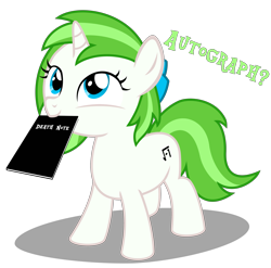Size: 3649x3600 | Tagged: safe, artist:strategypony, oc, oc only, oc:minty root, pony, unicorn, autograph, book, bow, bronybait, cute, death note, diabetes, female, filly, foal, hair bow, high res, it's a trap, mouth hold, notebook, pure unfiltered evil, schmuck bait, simple background, solo, strategypony is literally trying to murder us, this will end in death, this will end in heart attack, transparent background, uh oh