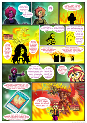 Size: 832x1178 | Tagged: safe, artist:crydius, sunset shimmer, oc, oc:eldritch, oc:sagacious, comic:calamitous card game, equestria girls, g4, crossover, fiery shimmer, fire, yu-gi-oh!, yugioh card