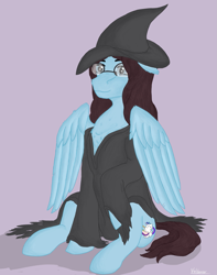 Size: 1705x2160 | Tagged: safe, artist:valdemar, oc, oc only, oc:mayzay, pegasus, pony, clothes, costume, female, halloween, halloween costume, hat, holiday, mare, sitting, solo, witch, witch costume, witch hat