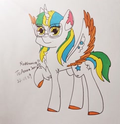 Size: 2566x2646 | Tagged: safe, artist:rainbowwing, oc, oc only, oc:aurora star, alicorn, pony, glasses, high res, solo, spread wings, traditional art, wings
