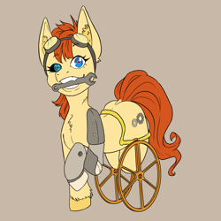 Size: 1446x1446 | Tagged: safe, alternate version, artist:natt333, oc, oc:rusty gear, cyborg, earth pony, pony, amputee, artificial eye, disabled, female, hooves, mare, missing leg, prosthetic leg, prosthetic limb, prosthetics, solo, steampunk, stump (limb), wheelchair