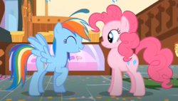 Size: 627x356 | Tagged: safe, screencap, pinkie pie, rainbow dash, earth pony, pony, g4, griffon the brush off, season 1, duo