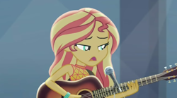 Size: 1920x1069 | Tagged: safe, screencap, sunset shimmer, equestria girls, g4, let it rain, my little pony equestria girls: better together, acoustic guitar, female, guitar, musical instrument, singing, sleeveless, solo