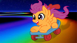 Size: 1366x768 | Tagged: artist needed, safe, scootaloo, pegasus, pony, g4, happy, night, open mouth, png, rainbow road, scooter, smiling, solo, spread wings, wings
