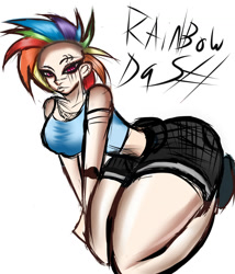 Size: 1280x1493 | Tagged: safe, artist:darknud, rainbow dash, human, g4, ass, breasts, butt, female, humanized, kneeling, makeup, mohawk, simple background, solo, white background