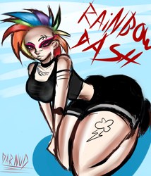 Size: 1280x1493 | Tagged: safe, artist:darknud, rainbow dash, human, g4, ass, breasts, butt, female, humanized, kneeling, makeup, mohawk, simple background, solo, white background