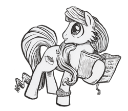 Size: 3000x2600 | Tagged: safe, artist:abronyaccount, derpibooru exclusive, oc, oc only, oc:phrase turner, earth pony, pony, 2022 community collab, derpibooru community collaboration, black and white, book, earth pony oc, grayscale, hair tie, high res, ink drawing, long mane, long mane male, long tail, male, monochrome, ponytail, sideburns, simple background, solo, stallion, standing, tail, traditional art, transparent background, watch