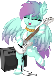 Size: 5409x7658 | Tagged: safe, artist:cyanlightning, oc, oc only, oc:#c0ffee, pegasus, pony, 2022 community collab, derpibooru community collaboration, .svg available, absurd resolution, amplifier, bipedal, cute, cute little fangs, electric guitar, eyes closed, fangs, guitar, jewelry, male, musical instrument, necklace, ocbetes, open mouth, open smile, pegasus oc, simple background, smiling, solo, stallion, standing, standing on one leg, transparent background, vector