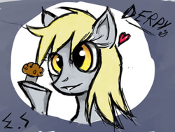 Size: 320x240 | Tagged: safe, artist:darknud, derpy hooves, pegasus, pony, g4, bust, female, food, heart, mare, muffin, solo