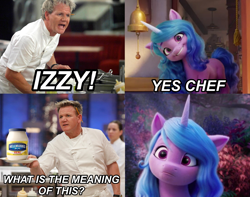 Size: 4096x3224 | Tagged: safe, edit, edited screencap, screencap, izzy moonbow, human, pony, unicorn, g5, my little pony: a new generation, spoiler:my little pony: a new generation, bing bong, female, food, gordon ramsay, hell's kitchen, horn, male, mare, mayonnaise, meme, sauce, this will end in bing bong