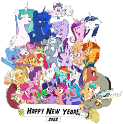 Size: 5030x5059 | Tagged: safe, artist:chub-wub, alphabittle blossomforth, apple bloom, applejack, cloudpuff, discord, fluttershy, hitch trailblazer, izzy moonbow, phyllis cloverleaf, pinkie pie, pipp petals, princess cadance, princess celestia, princess flurry heart, princess luna, queen haven, rainbow dash, rarity, scootaloo, shining armor, spike, sprout cloverleaf, starlight glimmer, sunburst, sunny starscout, sweetie belle, trixie, twilight sparkle, zipp storm, alicorn, dog, draconequus, dragon, earth pony, pegasus, pomeranian, pony, unicorn, g4, g5, my little pony: a new generation, 2022, absurd resolution, beard, clothes, cute, cutie mark crusaders, eyebrows, eyebrows visible through hair, facial hair, female, filly, foal, glass, happy new year, happy new year 2022, hat, holiday, horn, male, mane five, mane seven, mane six, mare, one eye closed, royal sisters, siblings, simple background, sisters, sprout joins the mane five, stallion, transparent background, trixie's hat, twilight sparkle (alicorn), unnamed character, unnamed pony, wall of tags
