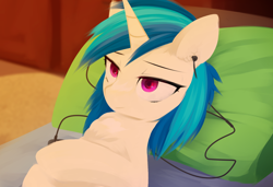 Size: 1252x854 | Tagged: safe, artist:some_ponu, dj pon-3, vinyl scratch, pony, unicorn, g4, earbuds, female, pillow, solo